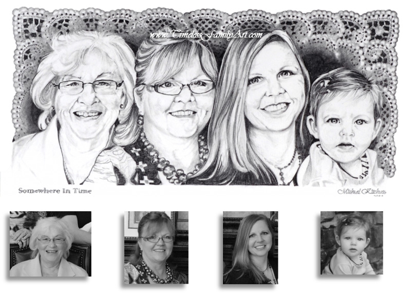 custom drawing by portrait artist of four generations of woman from photos
